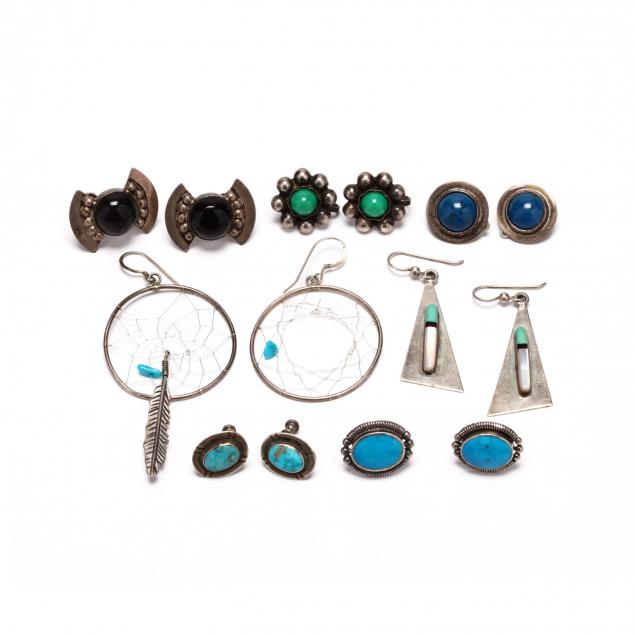 seven-pairs-of-silver-and-gemstone-earrings