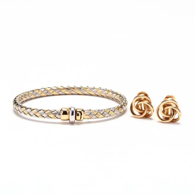 bi-color-gold-bracelet-and-a-pair-of-14kt-gold-earrings