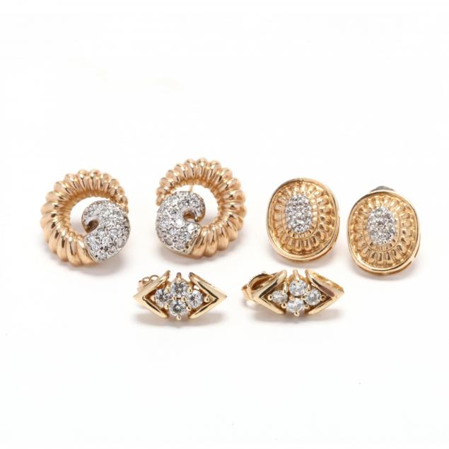 three-pairs-of-gold-and-diamond-earrings