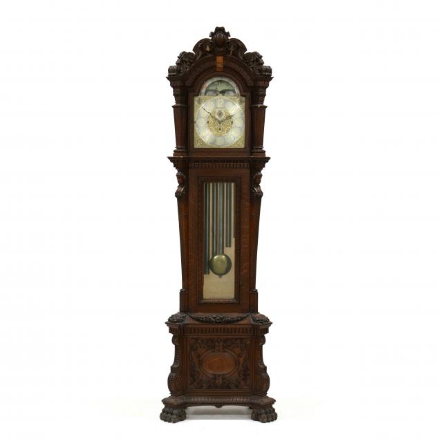 walter-h-durfee-renaissance-revival-carved-oak-tall-case-tube-clock