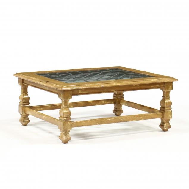 contemporary-distressed-pine-and-leaded-glass-coffee-table