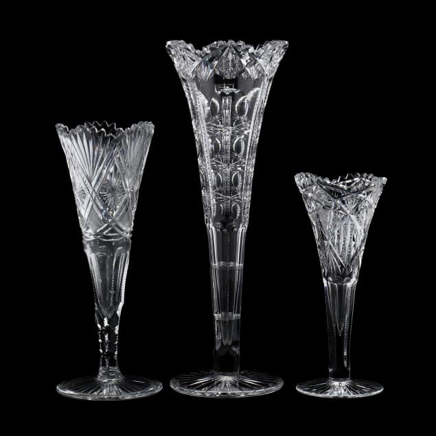 three-american-brilliant-period-cut-glass-trumpet-vases