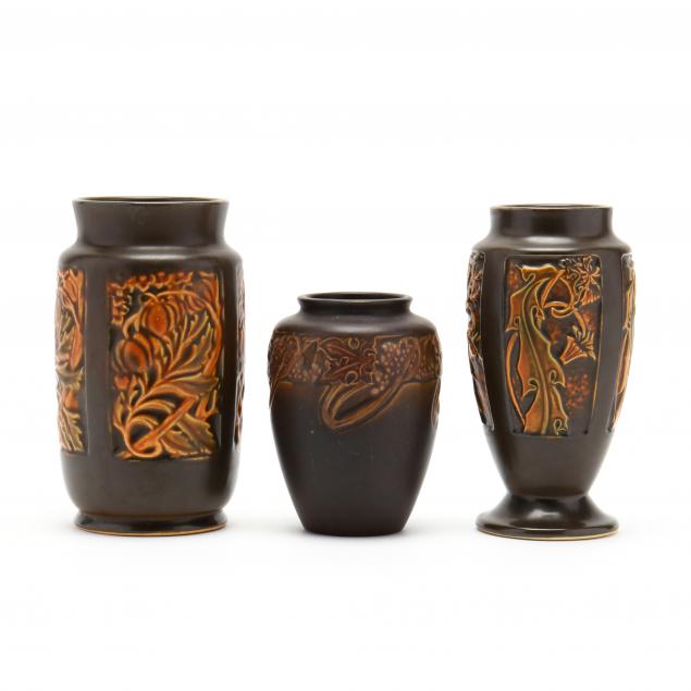 three-early-roseville-arts-and-crafts-pottery-vases