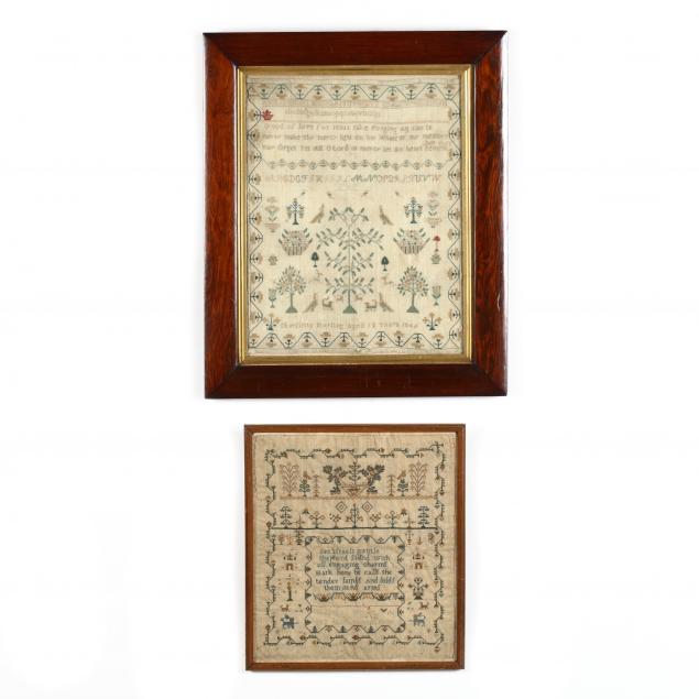 two-framed-antique-needlework-samplers-english