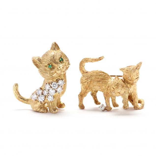 two-gold-and-diamond-cat-brooches