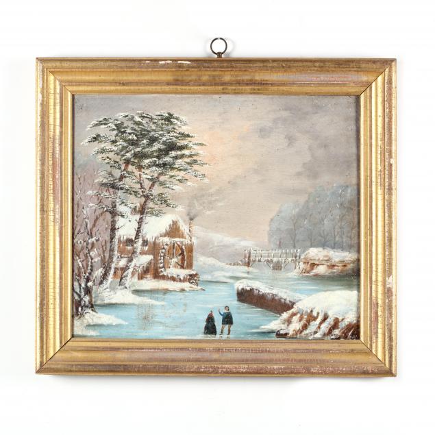 american-school-folk-art-painting-of-a-grist-mill-in-snow
