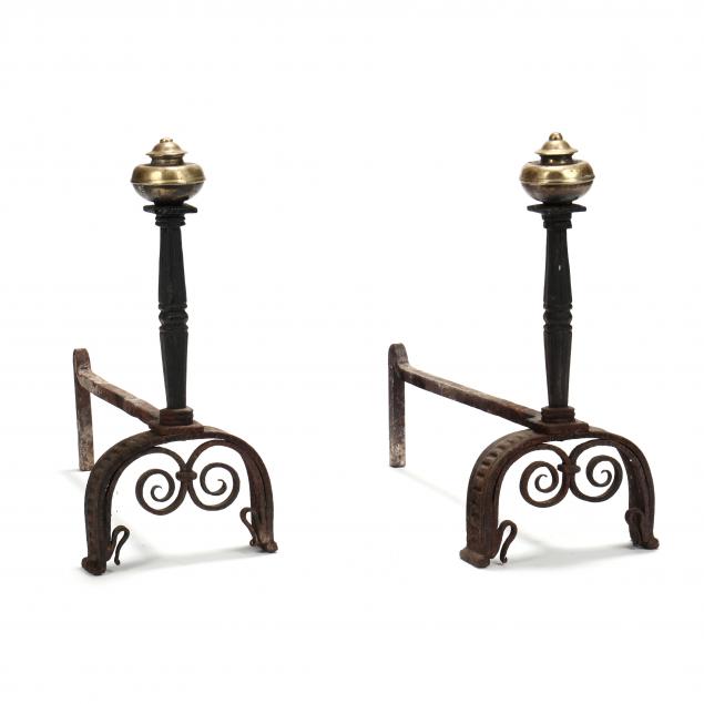 pair-of-antique-wrought-iron-and-brass-andirons