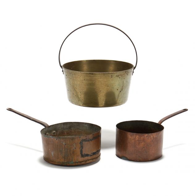 two-antique-copper-pots-and-a-brass-bucket