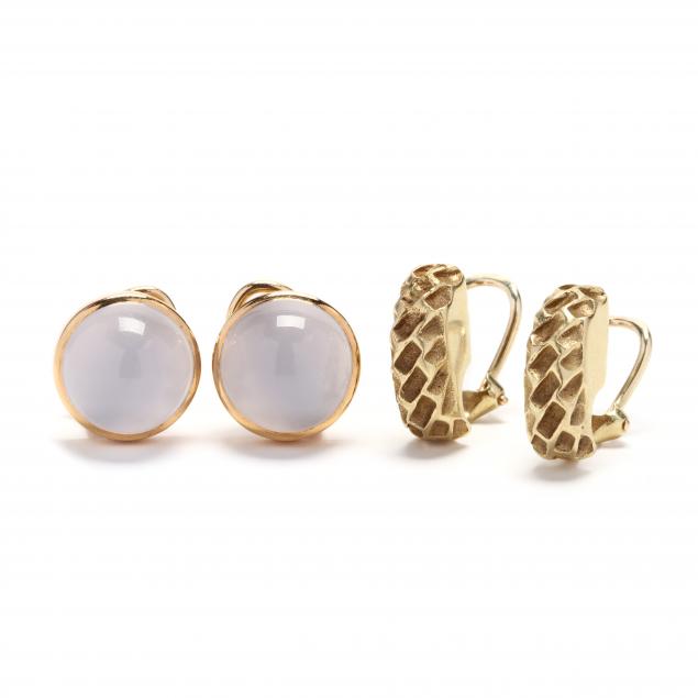 pair-of-18kt-gold-and-chalcedony-earrings-by-gump-s-and-a-pair-of-14kt-half-hoops