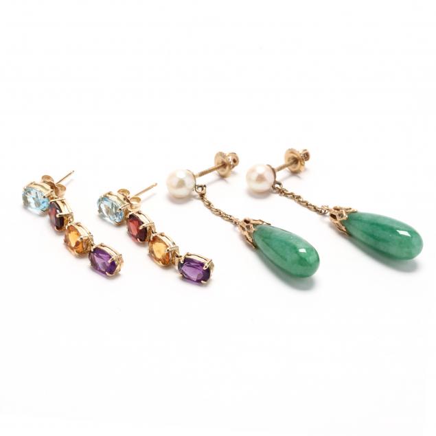 two-pairs-of-14kt-gold-and-gem-set-earrings