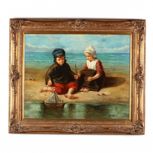 a-contemporary-dutch-school-painting-of-two-children-by-the-shore