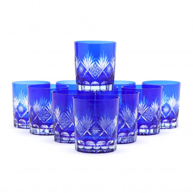 set-of-eleven-cobalt-cut-to-clear-glass-tumblers
