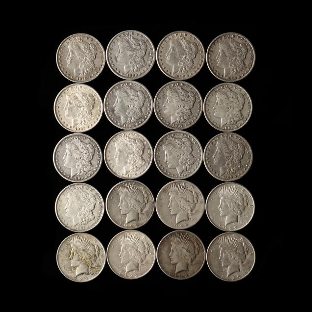 mixed-group-of-20-circulated-morgan-and-peace-silver-dollars