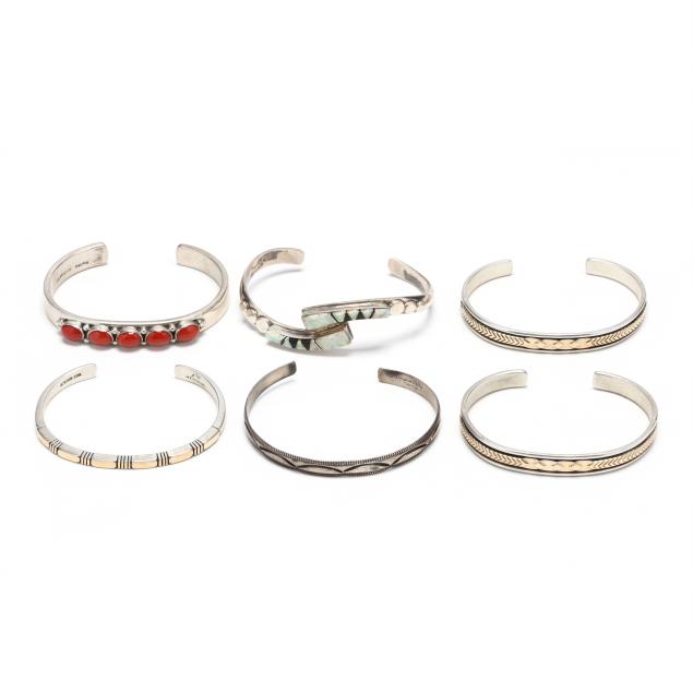 six-southwestern-silver-and-gem-set-cuff-bracelets