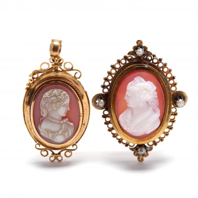 two-gold-cameo-pendants-brooches
