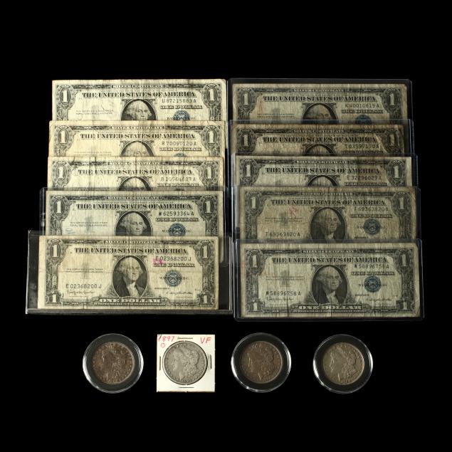 four-circulated-morgan-silver-dollars-and-ten-1-silver-certificates