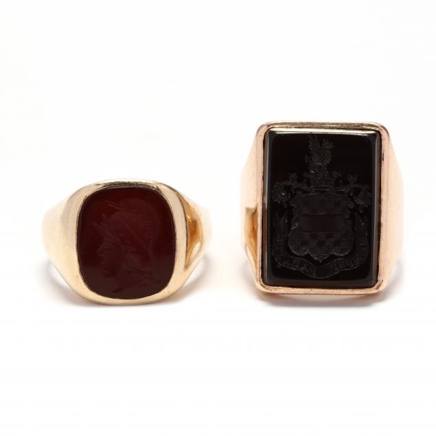 two-14kt-gold-and-gemstone-intaglio-rings