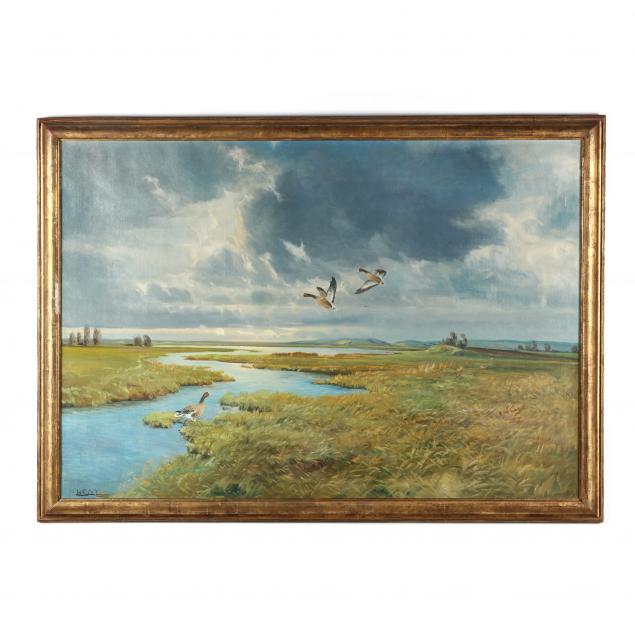 hans-c-michelsen-american-20th-century-marshland-scene-with-geese-in-flight