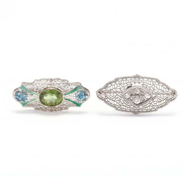 two-14kt-white-gold-and-gem-set-brooches