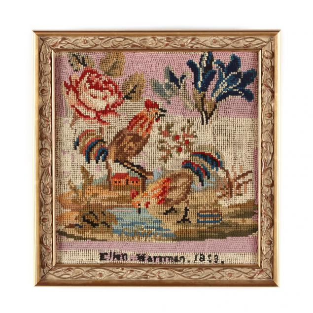 framed-needlework-picture-of-rooster-and-chicken