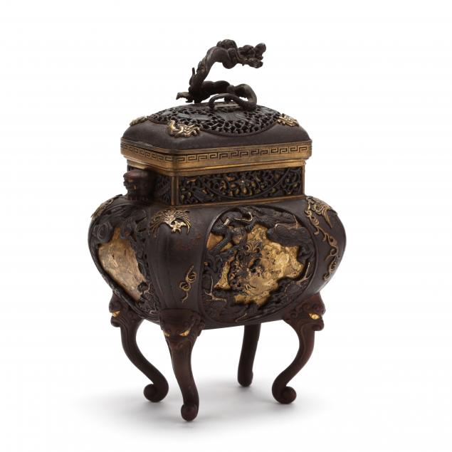 a-chinese-gilt-parcel-bronze-censer-with-cover