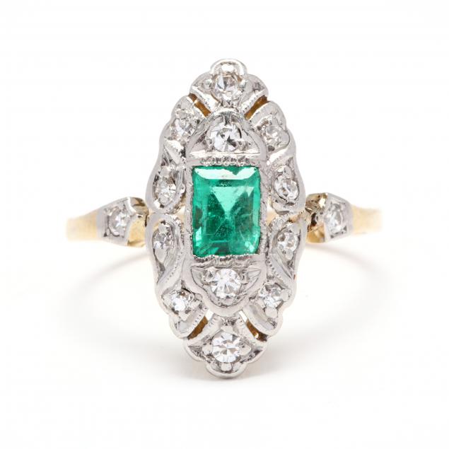 antique-platinum-topped-gold-emerald-and-diamond-navette-ring
