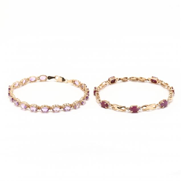 two-14kt-gold-and-gem-set-line-bracelets