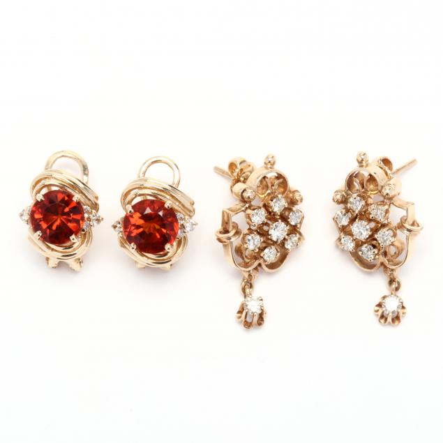 two-pairs-of-gold-and-gem-set-earrings