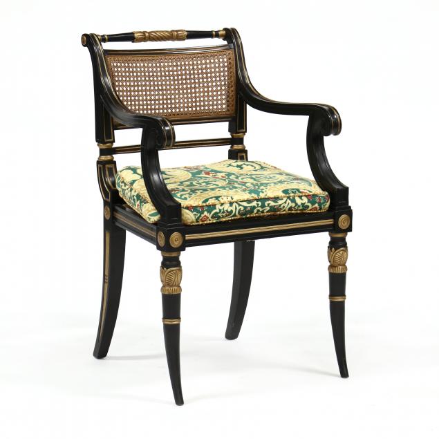 baker-regency-style-painted-and-cane-seat-arm-chair