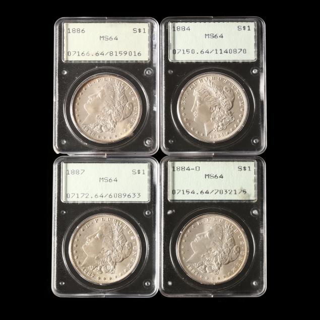 four-morgan-dollars-pcgs-ms64-in-early-rattler-holders