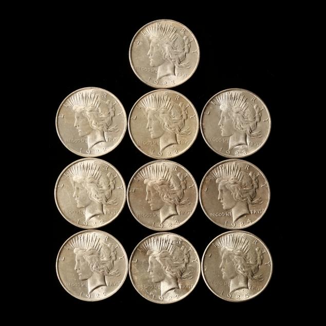 ten-bu-philadelphia-mint-peace-silver-dollars