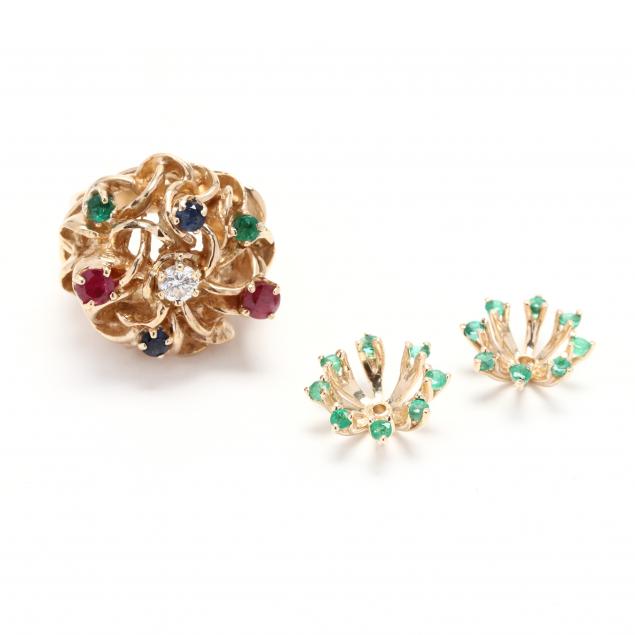 gold-and-gem-set-ring-and-a-pair-of-gold-and-emerald-earring-jackets