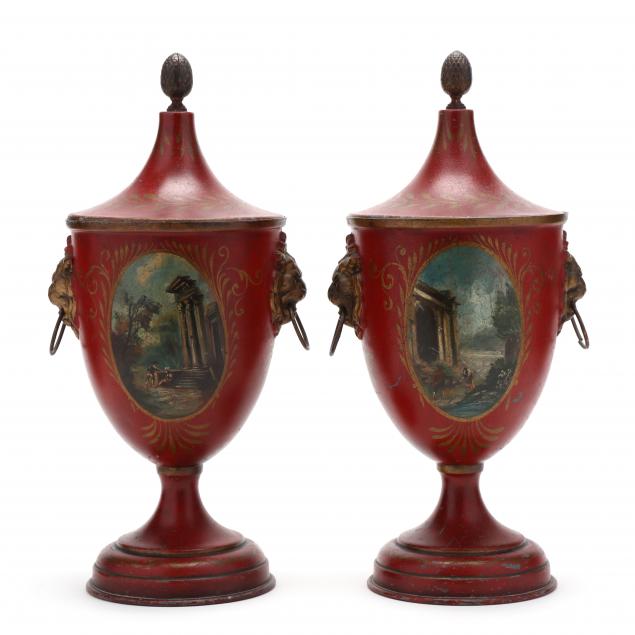 pair-of-antique-regency-style-toleware-covered-urns