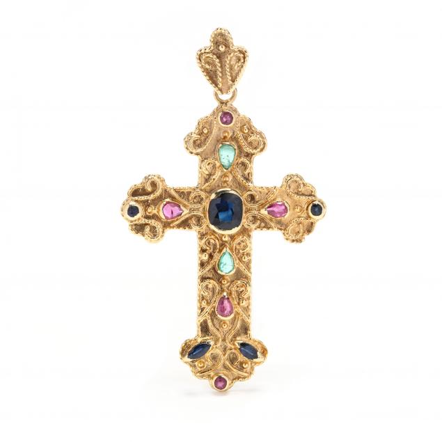 18kt-gold-and-gem-set-cross-pendant