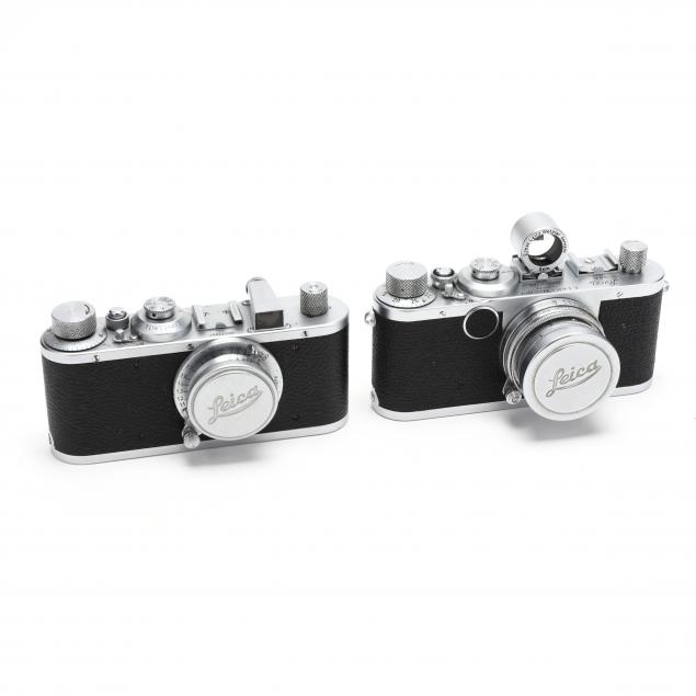 two-vintage-leica-d-r-p-leitz-wetzlar-rangefinder-cameras-with-lenses