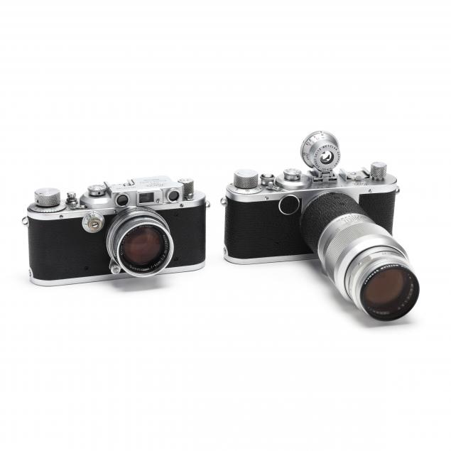 two-vintage-leica-d-r-p-leitz-wetzlar-rangefinder-cameras-with-lenses