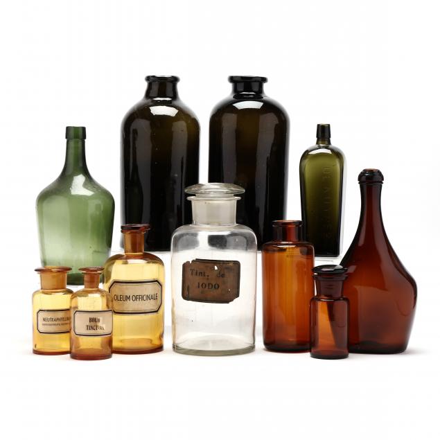 eleven-antique-glass-bottles-and-storage-jars