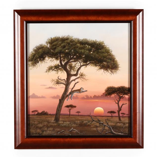 clive-kay-zimbabwean-canadian-born-1944-african-sunset-with-leopard