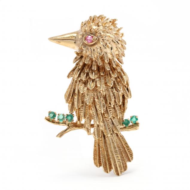 Gold and Gem-Set Whimsical Woodpecker Brooch (Lot 1023 - June Estate ...