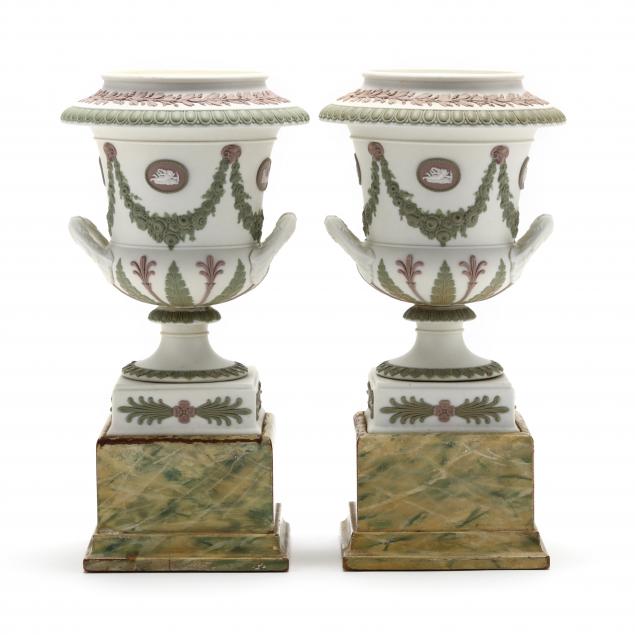 pair-of-wedgwood-tri-color-urns-on-stands