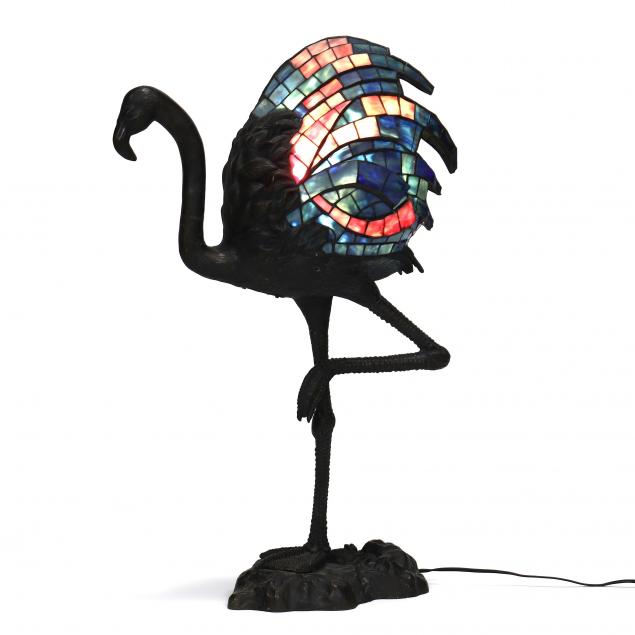 sculptural-bronze-and-stained-glass-flamingo-lamp