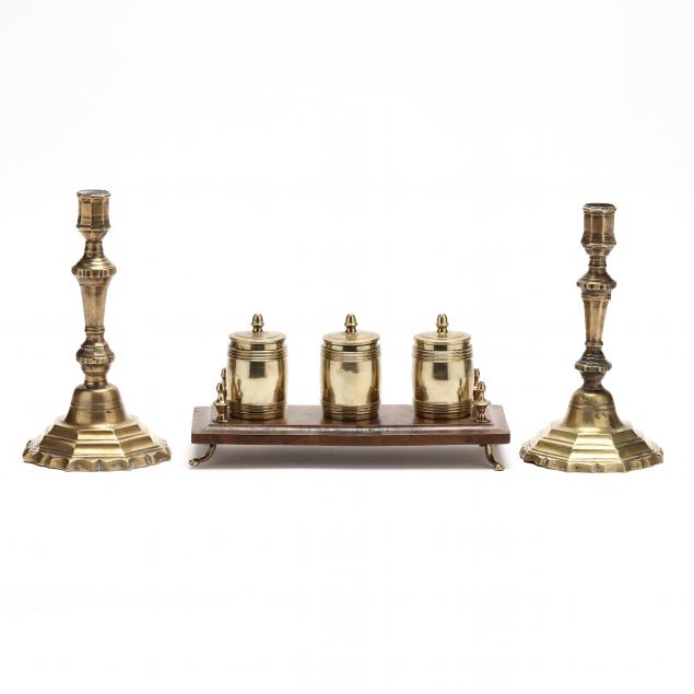 antique-english-brass-candlesticks-and-standish