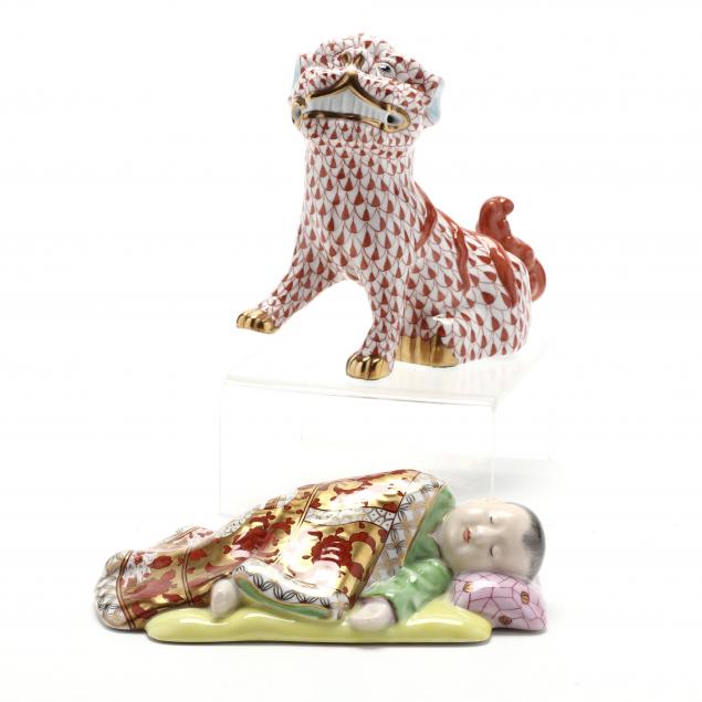 two-herend-porcelain-asian-items-large-foo-dog-and-sleeping-child