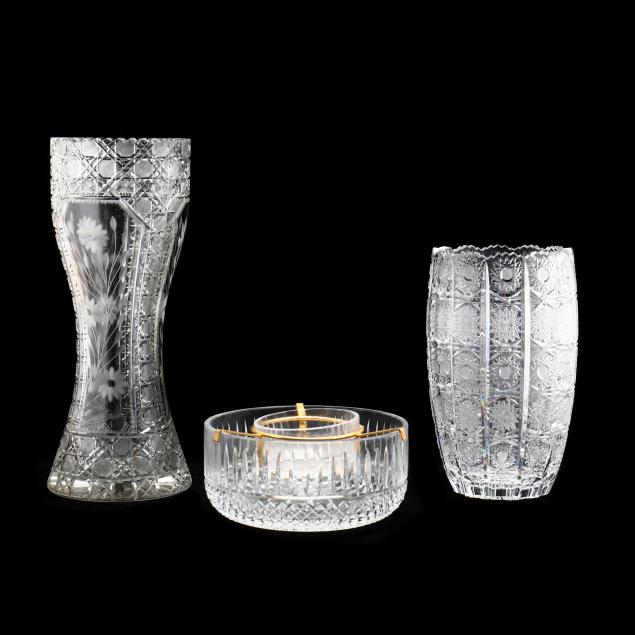 two-cut-crystal-vases-and-caviar-server