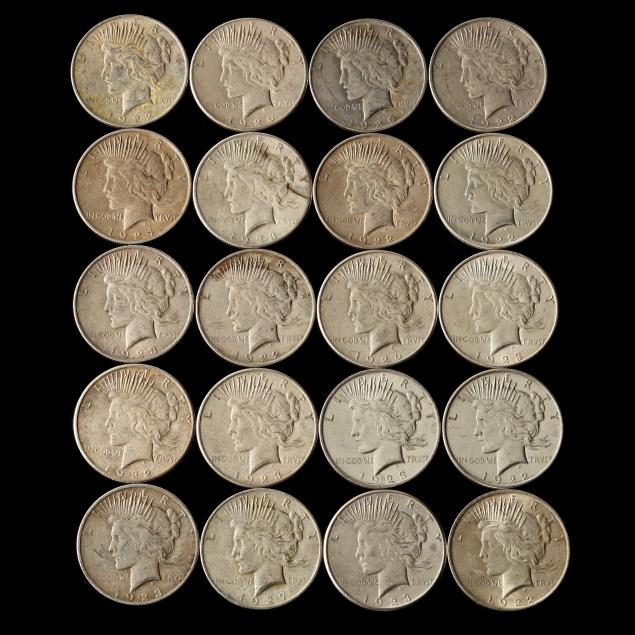 twenty-circulated-common-date-peace-silver-dollars