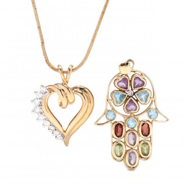 two-gold-and-gem-set-pendants-and-a-gold-chain-necklace
