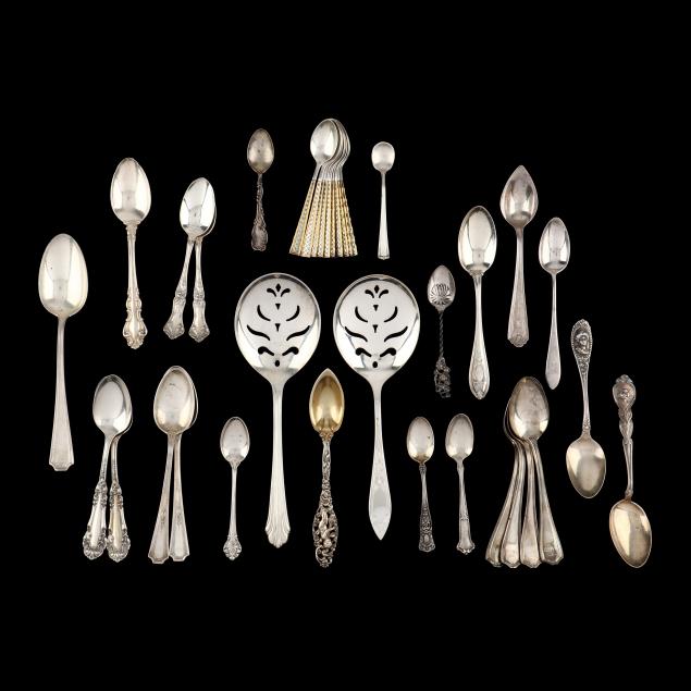a-grouping-of-american-sterling-silver-spoons-and-serving-flatware