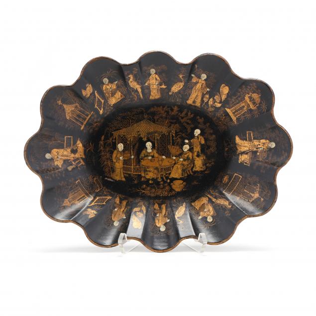 a-french-papier-mache-gilt-and-black-lacquered-scalloped-tray