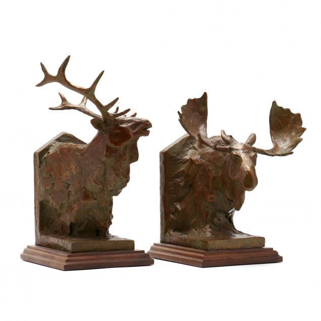 sandy-scott-american-b-1943-bronze-elk-and-moose-i-trophies-bookends-i