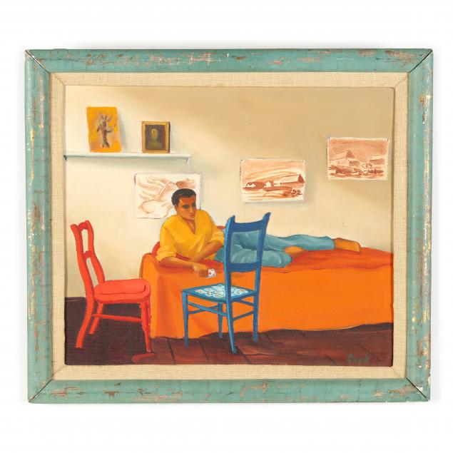 mid-century-painting-of-a-man-playing-solitaire